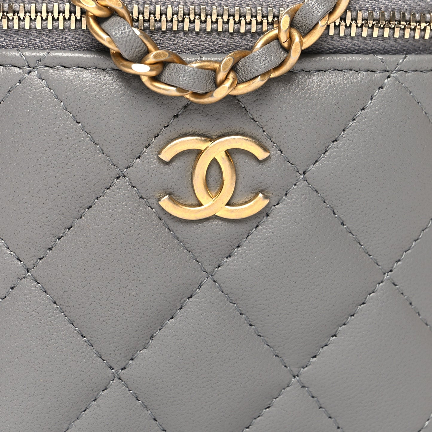 Lambskin Quilted Metal Mini Top Handle Vanity Case With Chain Grey