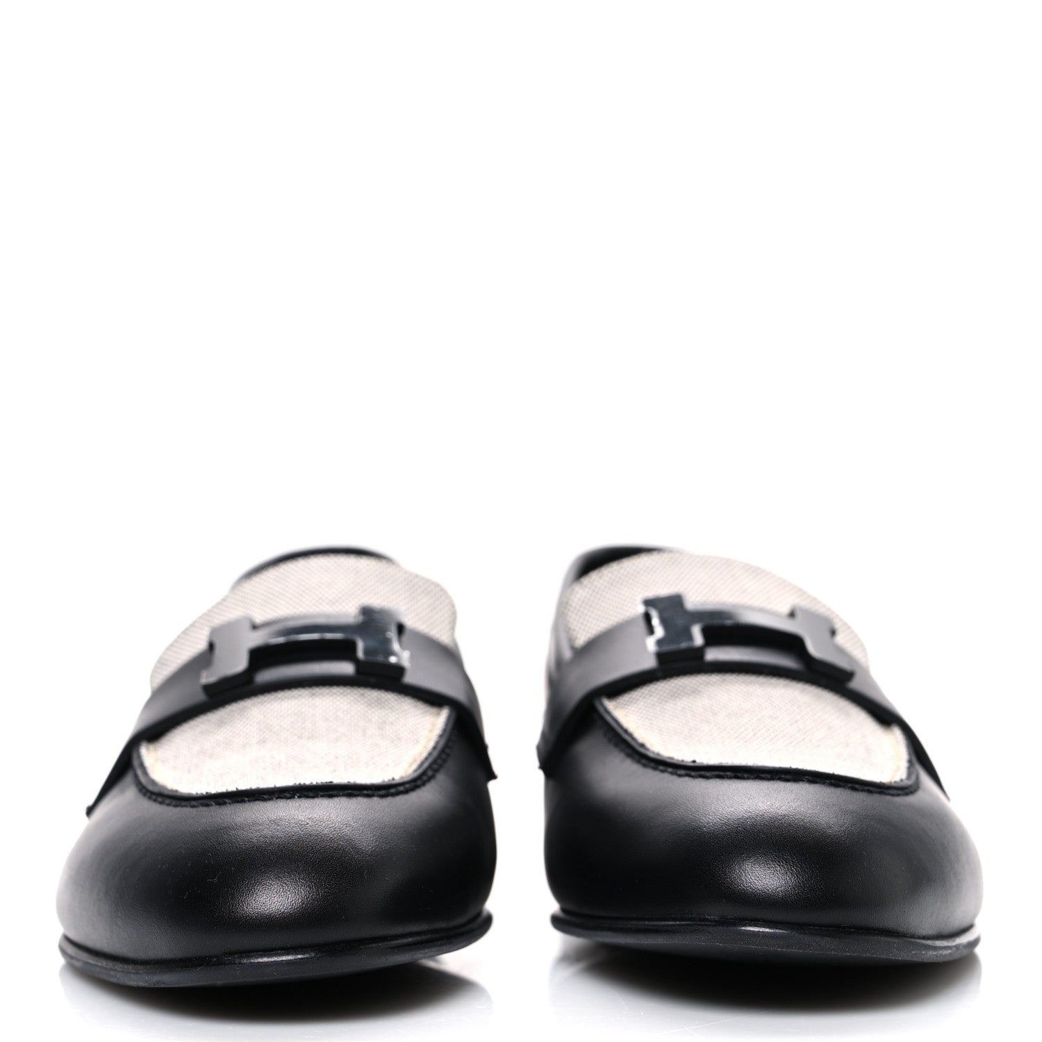 Hermes Toile De Coton Calfskin Womens Paris Loafers 37 Black Prunoir 3 of 11