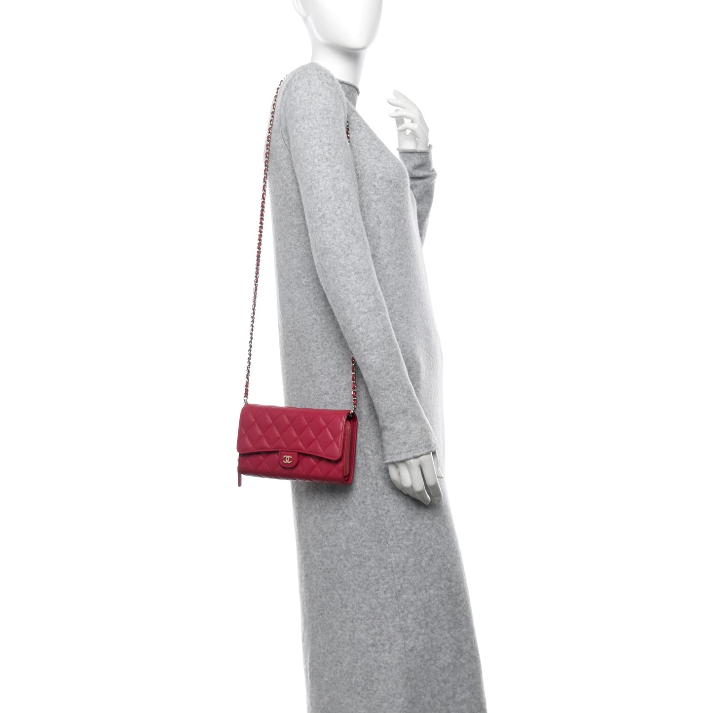 Caviar Quilted Phone Holder Wallet on Removable Chain Dark Pink