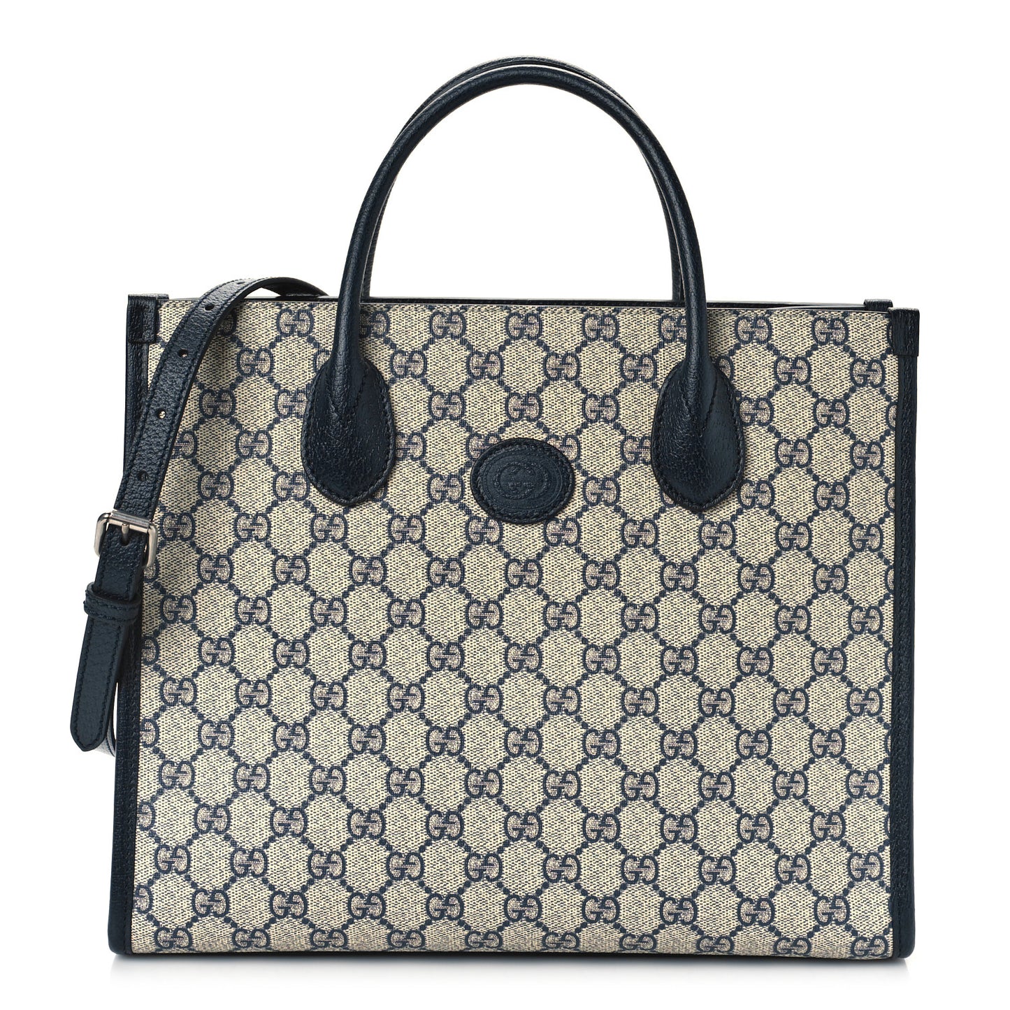 GG Supreme Monogram Textured Dollar Calfskin Small Retro Interlocking G Tote Bag Beige Blue