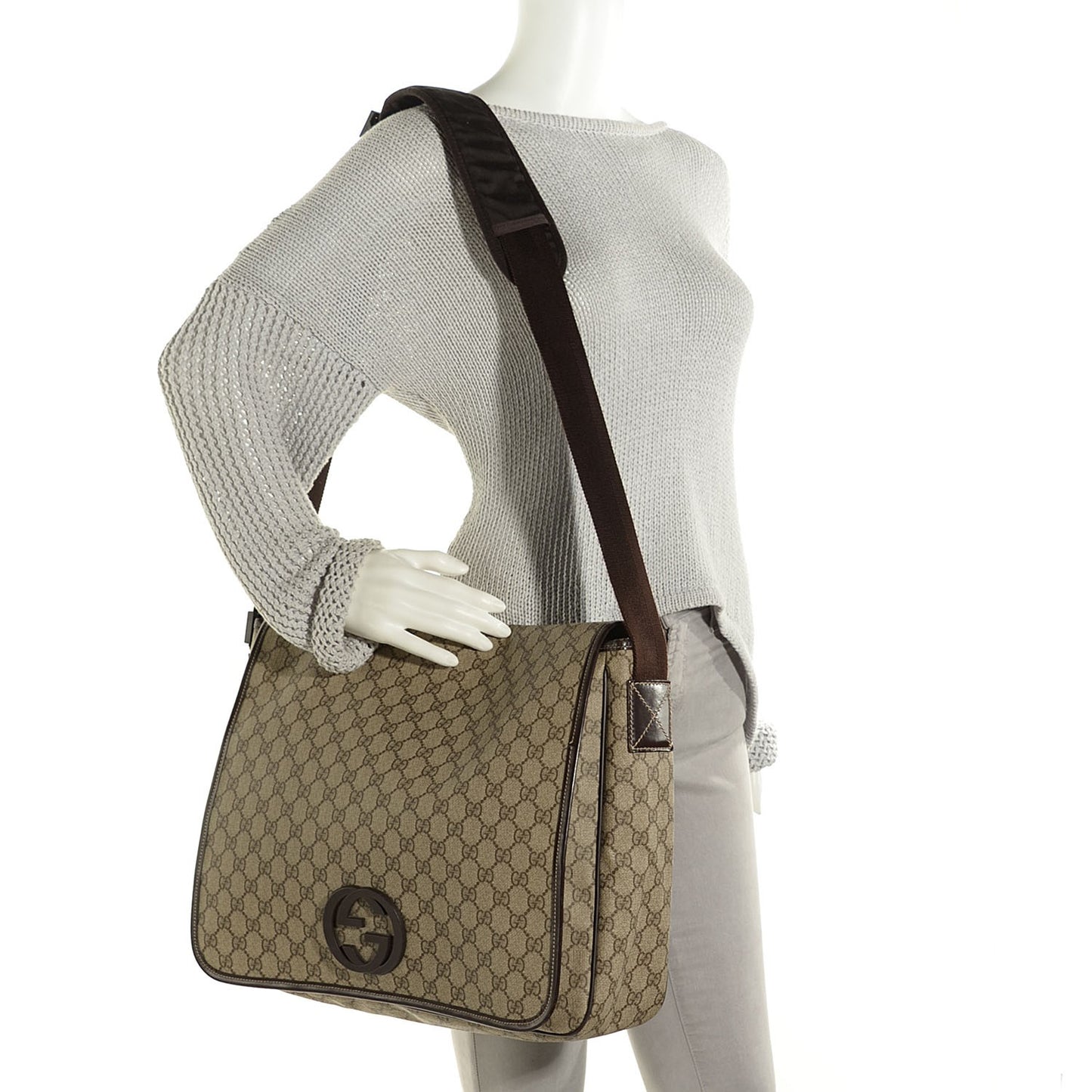 GG Plus Monogram Large Interlocking G Flap Messenger Bag Beige Dark Brown