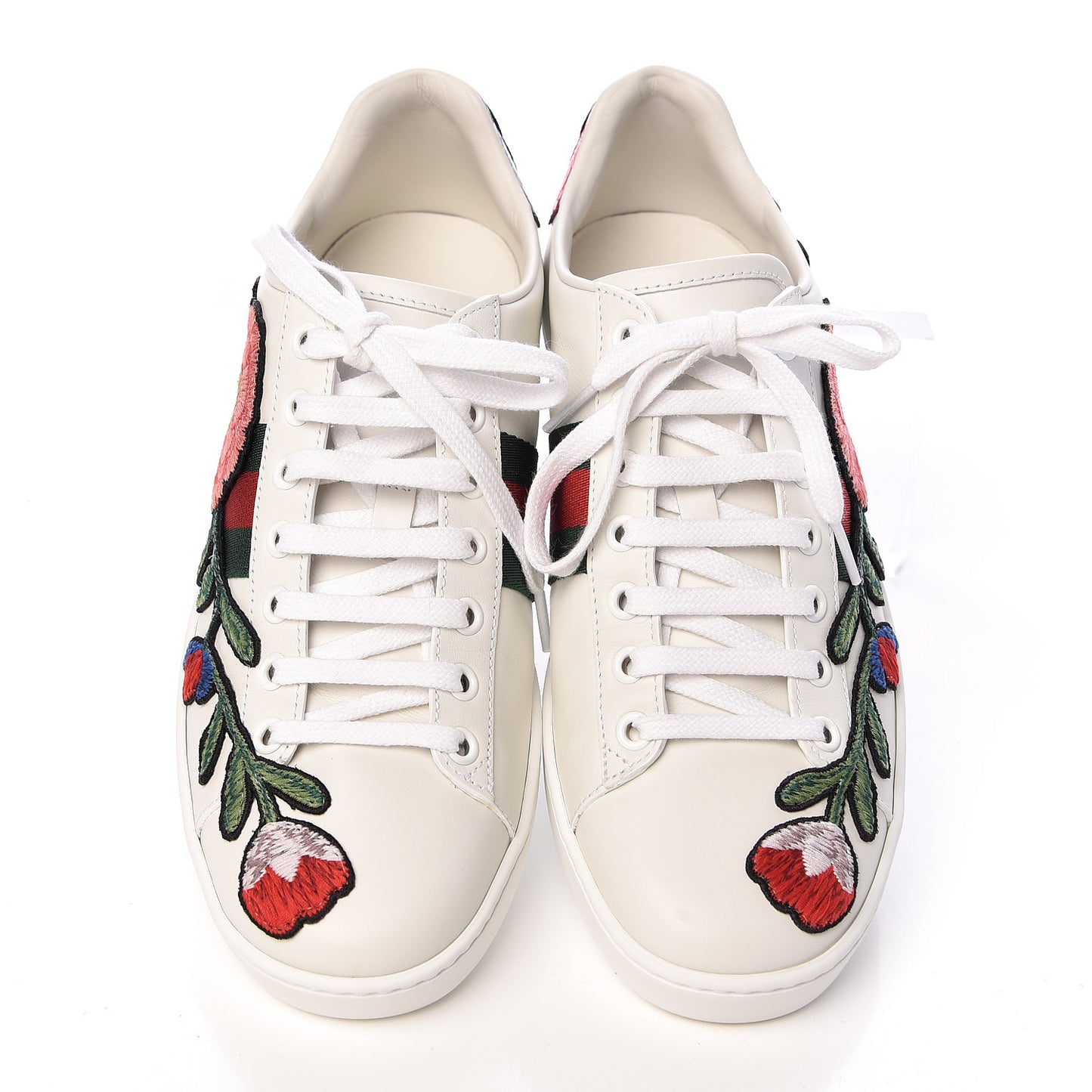 Calfskin Web Floral Embroidered Womens Ace Sneakers 37.5 White