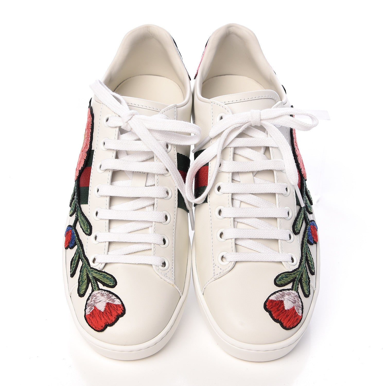 Gucci Calfskin Web Floral Embroidered Womens Ace Sneakers 37.5 White 6 of 12