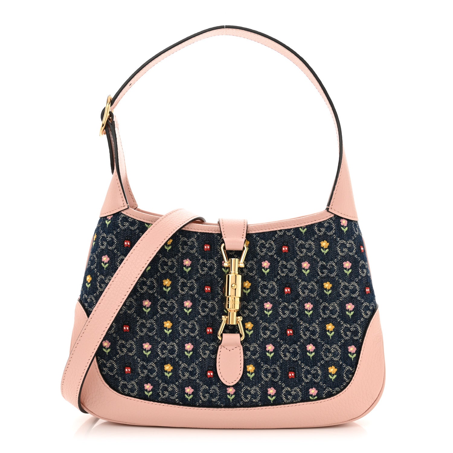 Gucci New Denim GG Monogram Calfskin Love Parade Small Jackie 1961 Hobo Light Pink 1 of 10