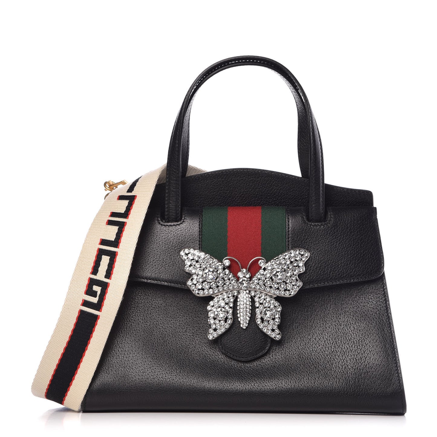 Grained Calfskin Web Crystal Butterfly Stripe Medium Totem Top Handle Bag Black