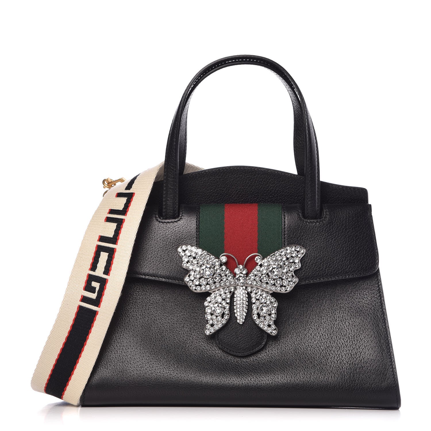 Gucci Grained Calfskin Web Crystal Butterfly Stripe Medium Totem Top Handle Bag Black 1 of 13