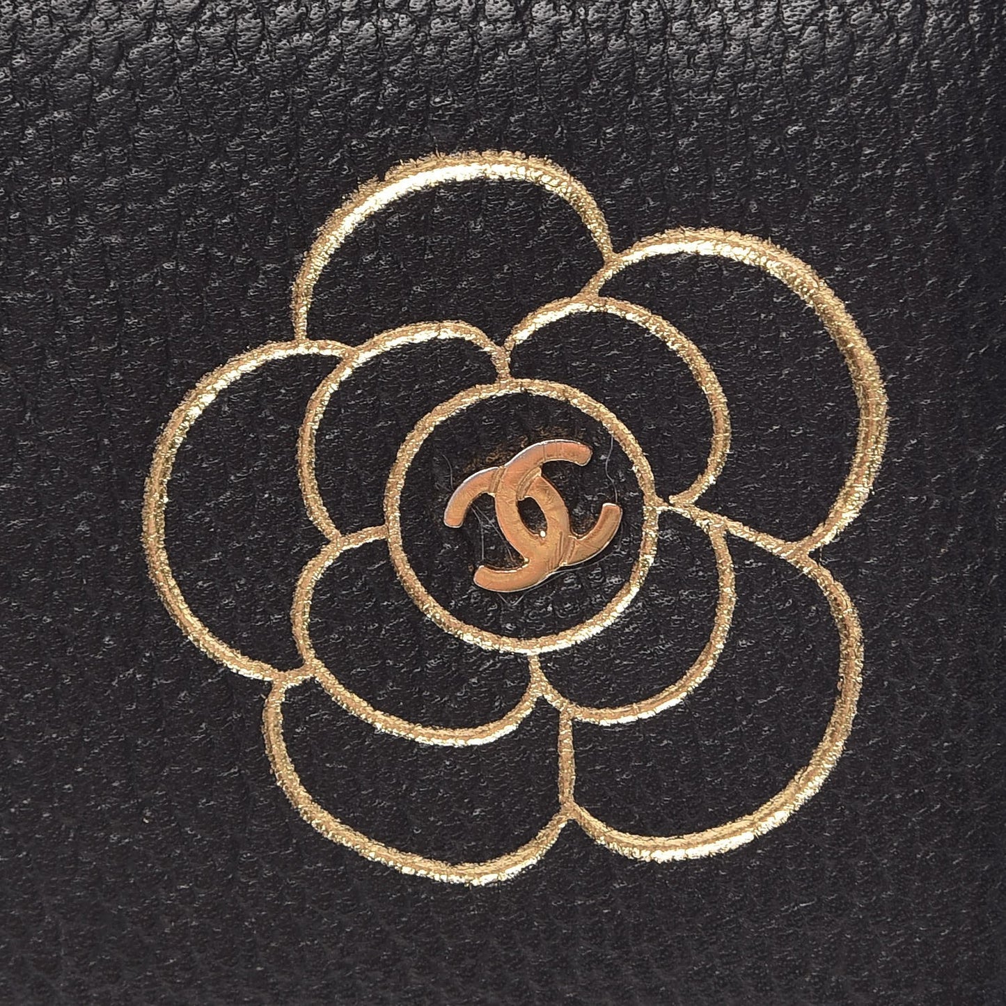 Goatskin Camellia Embossed Flap Wallet Black