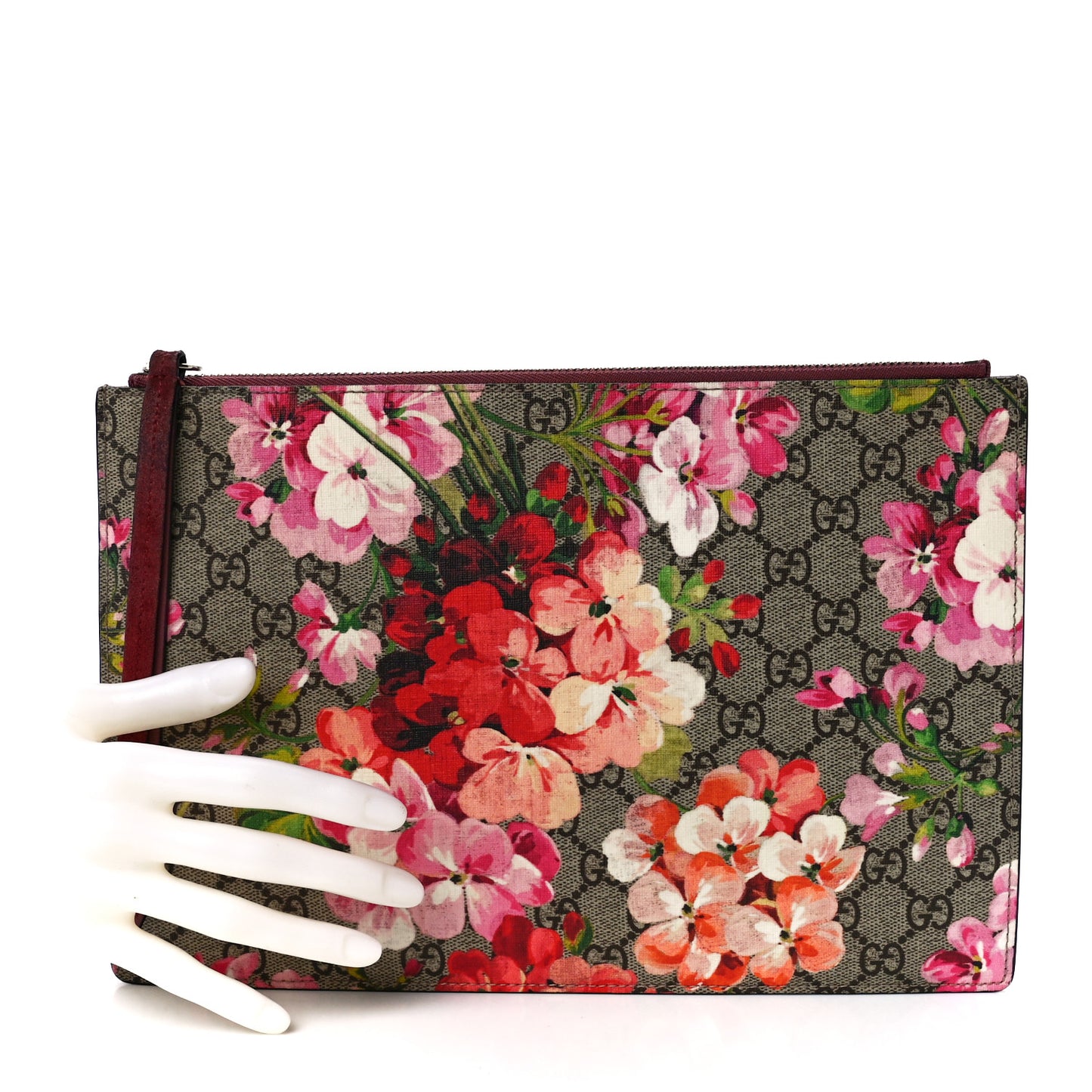GG Supreme Monogram Blooms Suede Large Zip Pouch Beige Multicolor Dry Rose