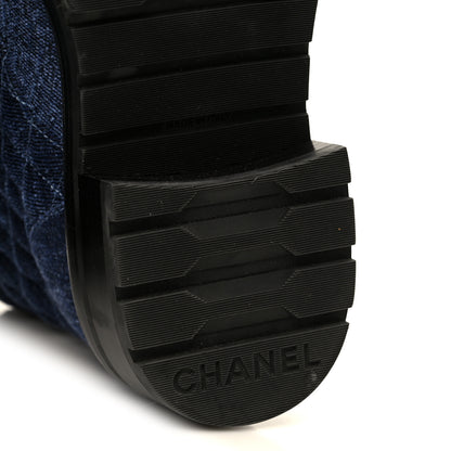 Chanel Shiny Calfskin Velvet Quilted Lace Up Combat Boots 37 Blue 7 of 11