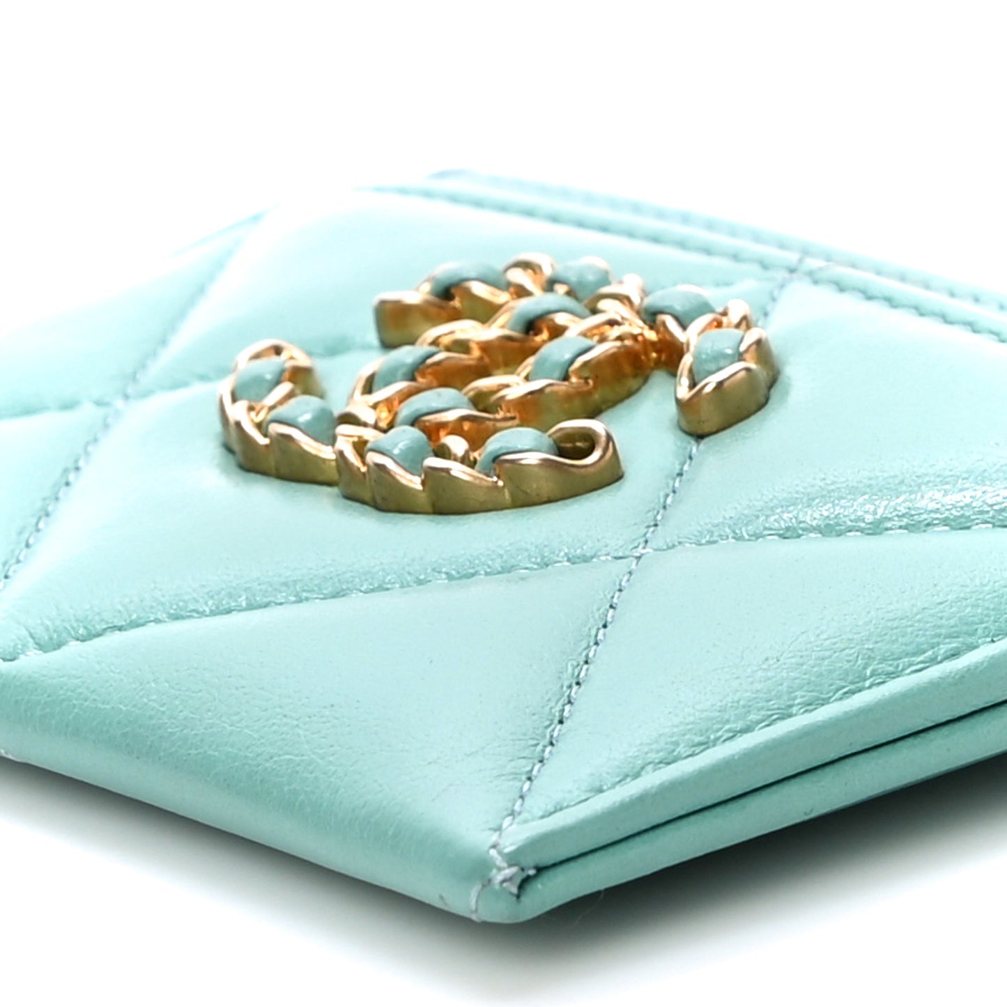 Shiny Goatskin Quilted Chanel 19 Card Holder Turquoise