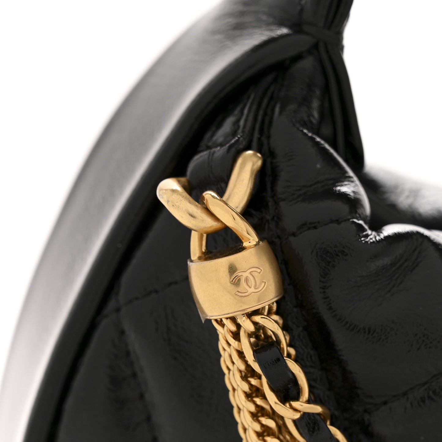Shiny Crumpled Calfskin Quilted Bow Pouch Hobo Black