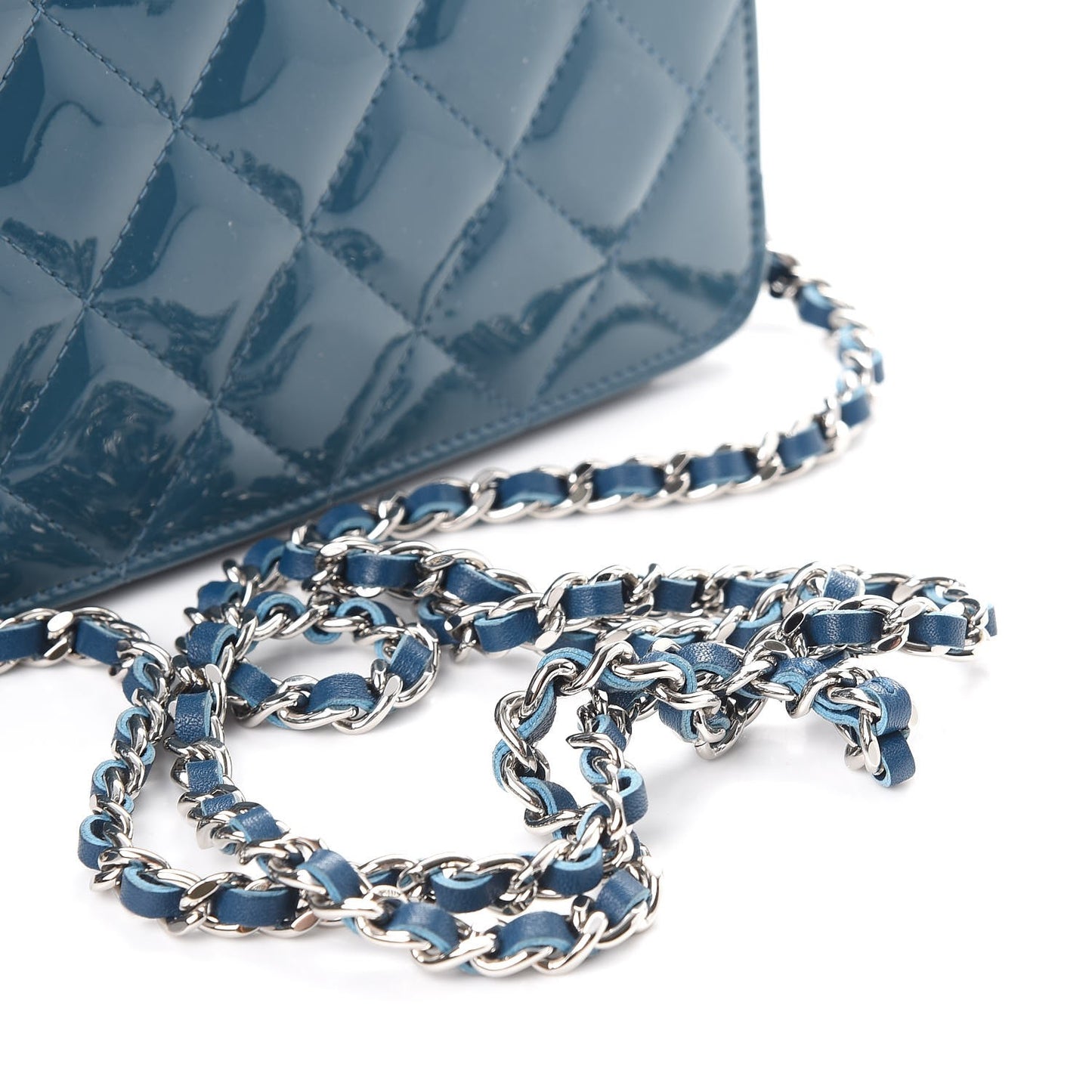 Patent Quilted Brilliant Wallet On Chain WOC Blue