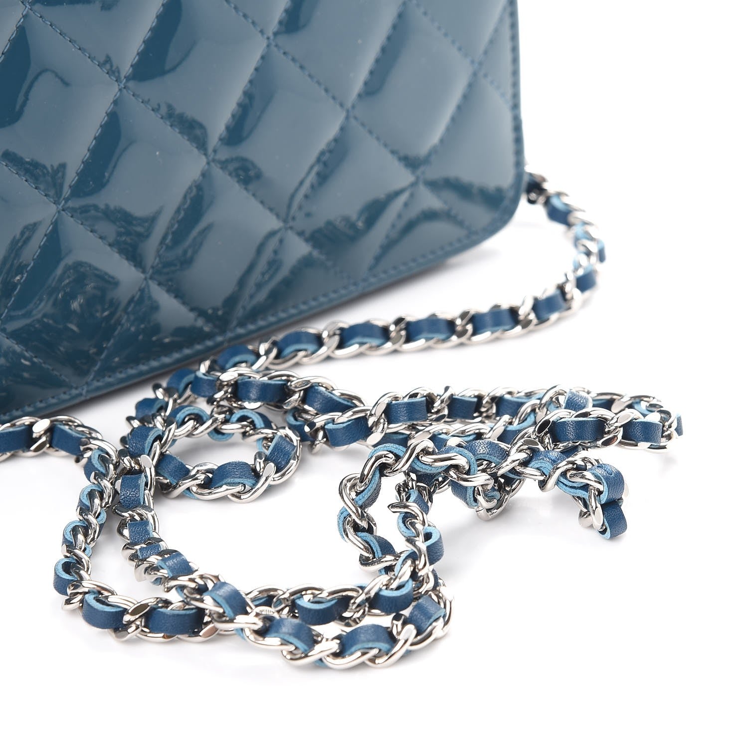 Chanel Patent Quilted Brilliant Wallet On Chain WOC Blue 10 of 13
