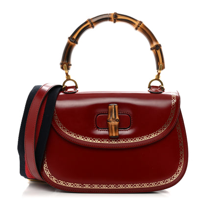Gucci Calfskin Frame Print Bamboo 1947 Top Handle Bag Red Gold 1 of 10