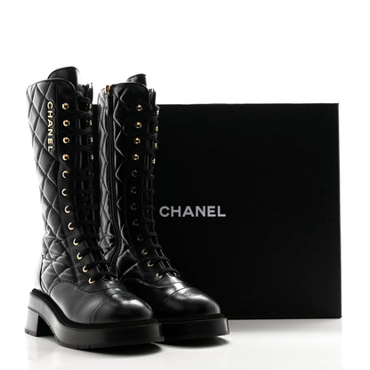 Chanel Calfskin Quilted Logo Lace Up Tall Combat Boots 38.5 Black 9 of 9