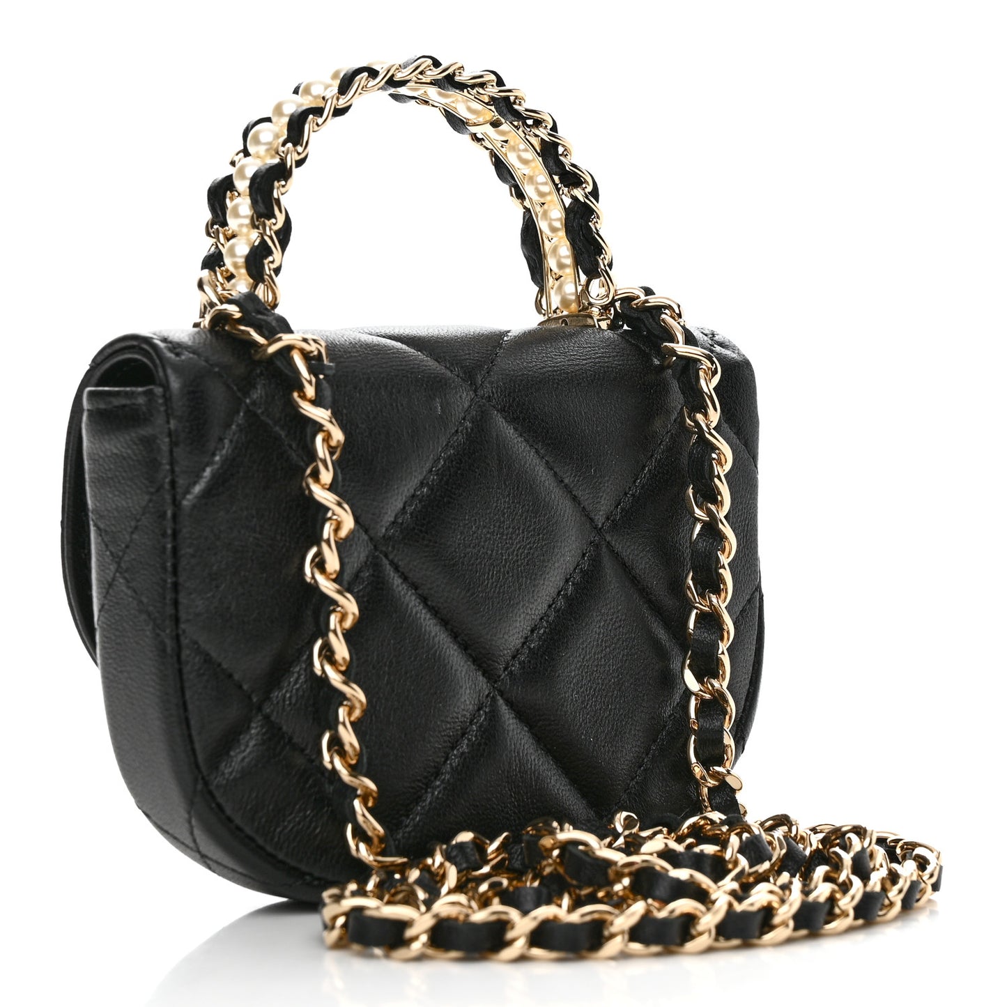 Lambskin Quilted Pearl Top Handle Clutch With Chain Black