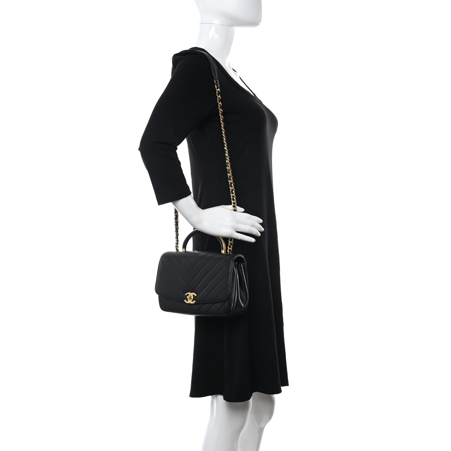 Chanel Lambskin Chevron Quilted Gold Top Handle Flap Bag Black 2 of 10