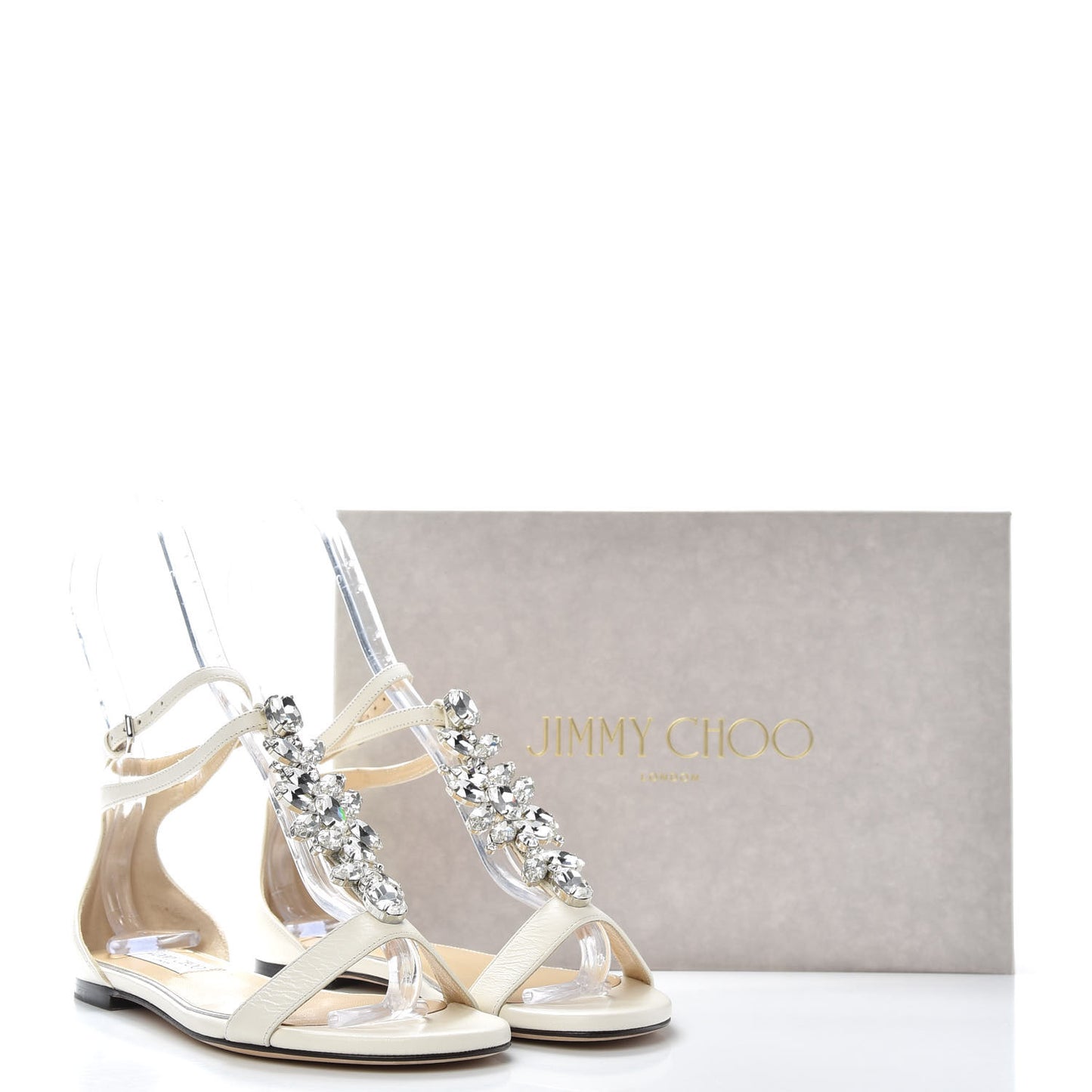 Nappa Crystal Averie T-Strap Flat Sandals 35.5 Chalk