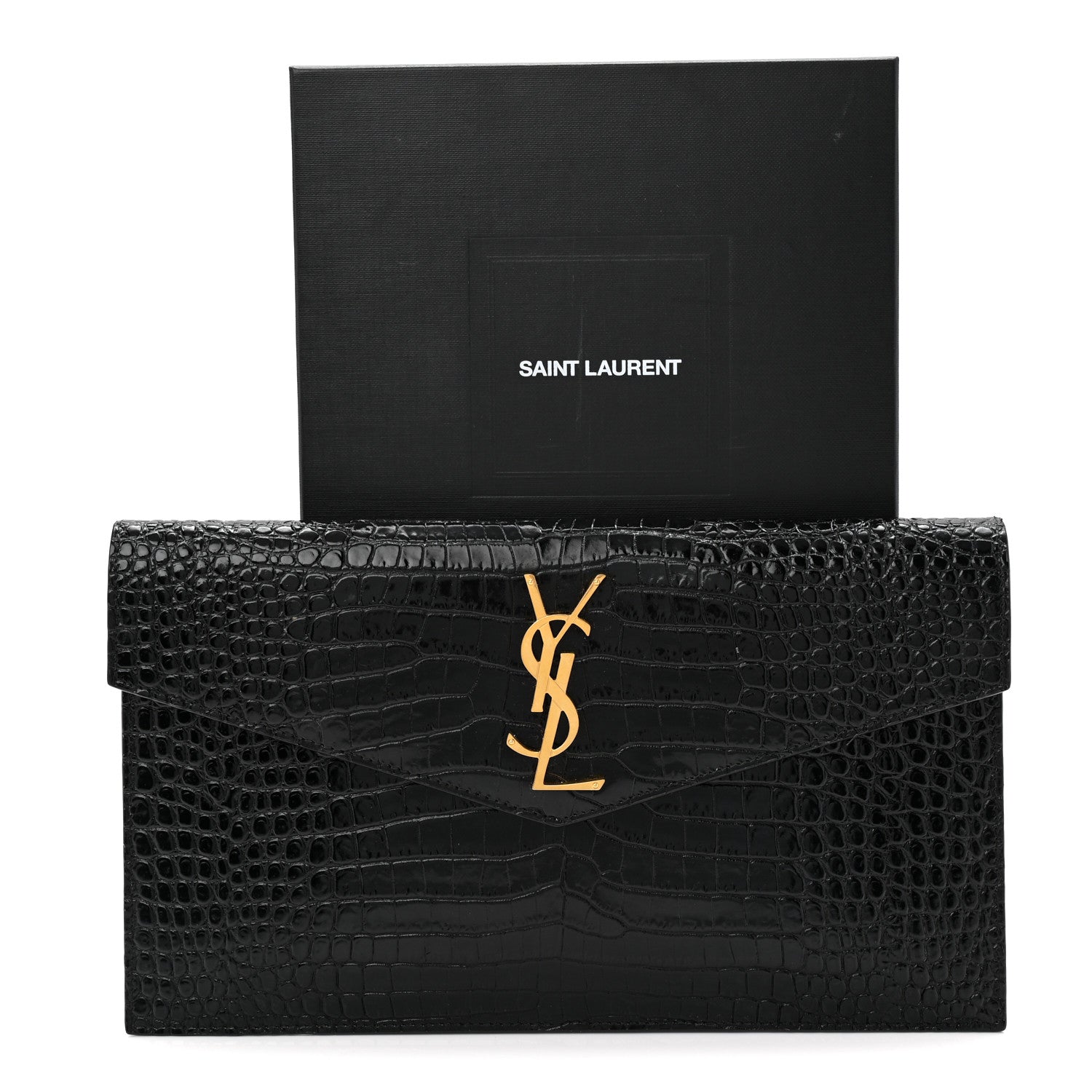 Saint Laurent Calfskin Crocodile Embossed Uptown Monogram Pouch Black 8 of 8