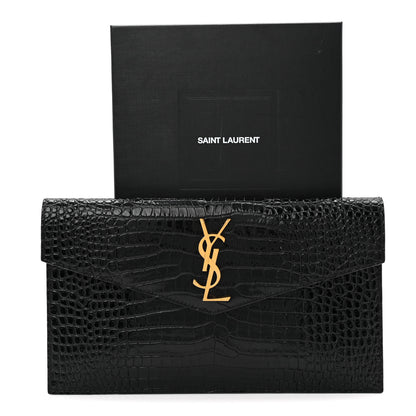 Saint Laurent Calfskin Crocodile Embossed Uptown Monogram Pouch Black 8 of 8