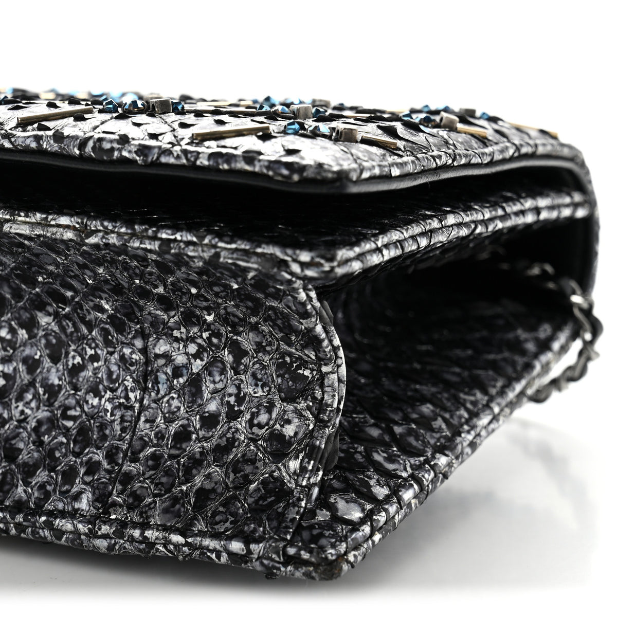 Metallic Snakeskin Quilted Beaded Chain Clutch Black Silver