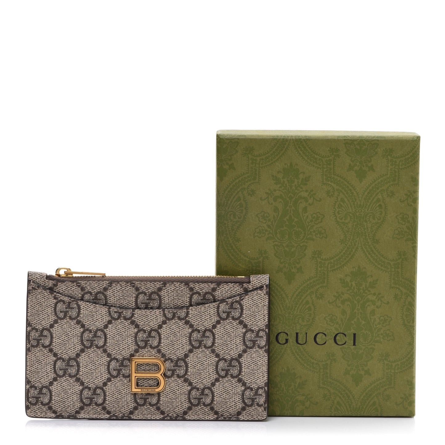 X BALENCIAGA GG Supreme Monogram Zip Card Case Beige Ebony