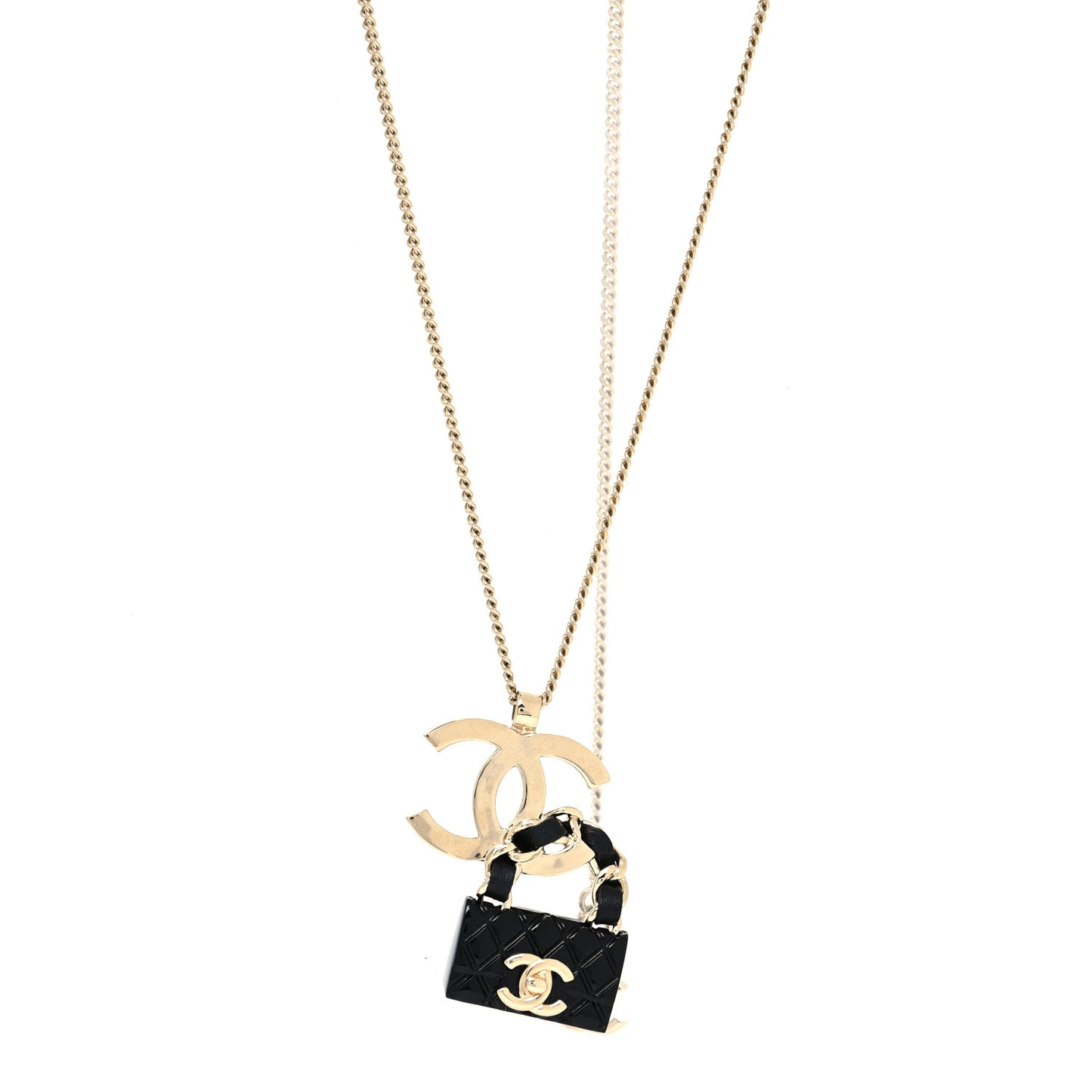Metal Lambskin CC Flap Bag Necklace Gold Black