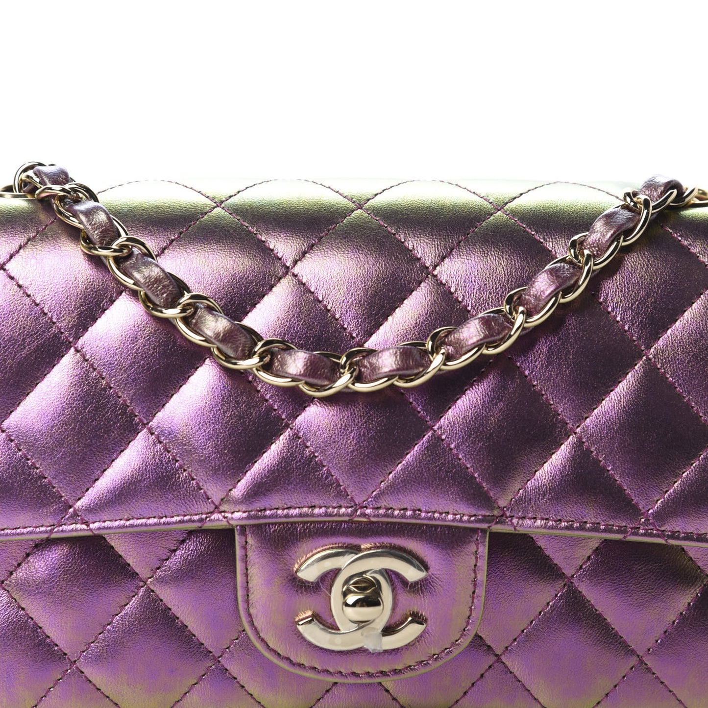 Iridescent Lambskin Quilted Mini Rectangular Flap Purple