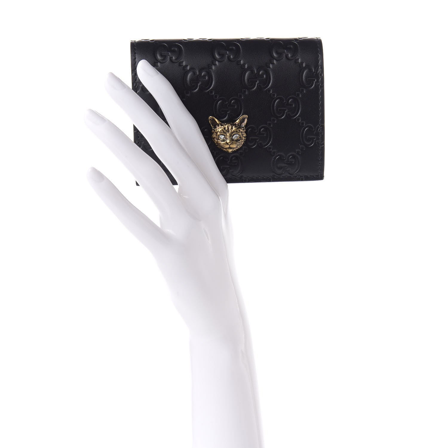 Gucci Guccissima Signature Crystal Cat Card Case Wallet Black 2 of 8
