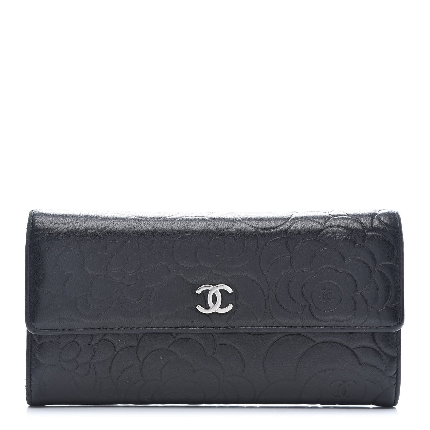 Lambskin Embossed Camellia Large Gusset Flap Wallet Black
