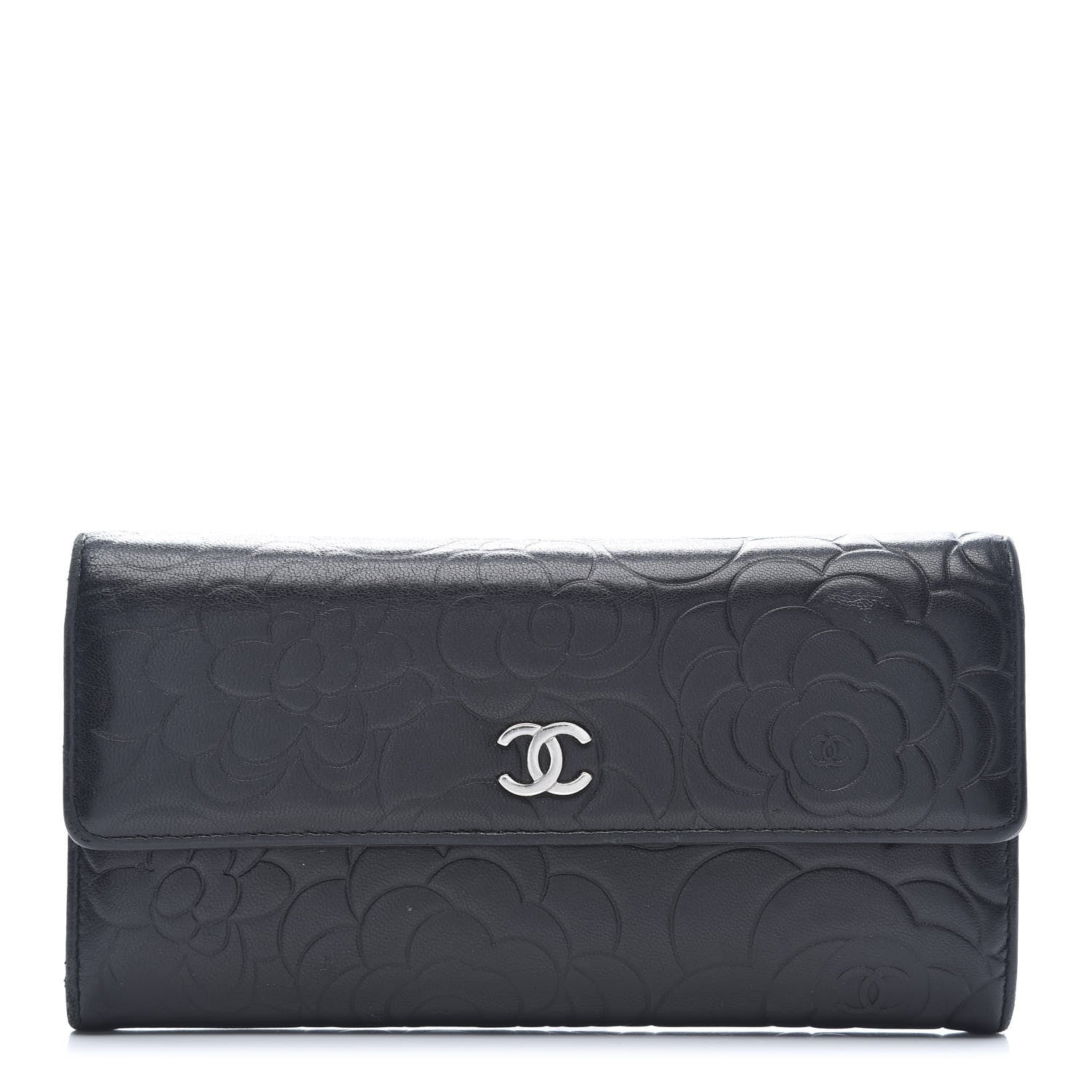 Chanel Lambskin Embossed Camellia Large Gusset Flap Wallet Black 1 of 11