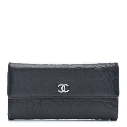 Chanel Lambskin Embossed Camellia Large Gusset Flap Wallet Black 1 of 11