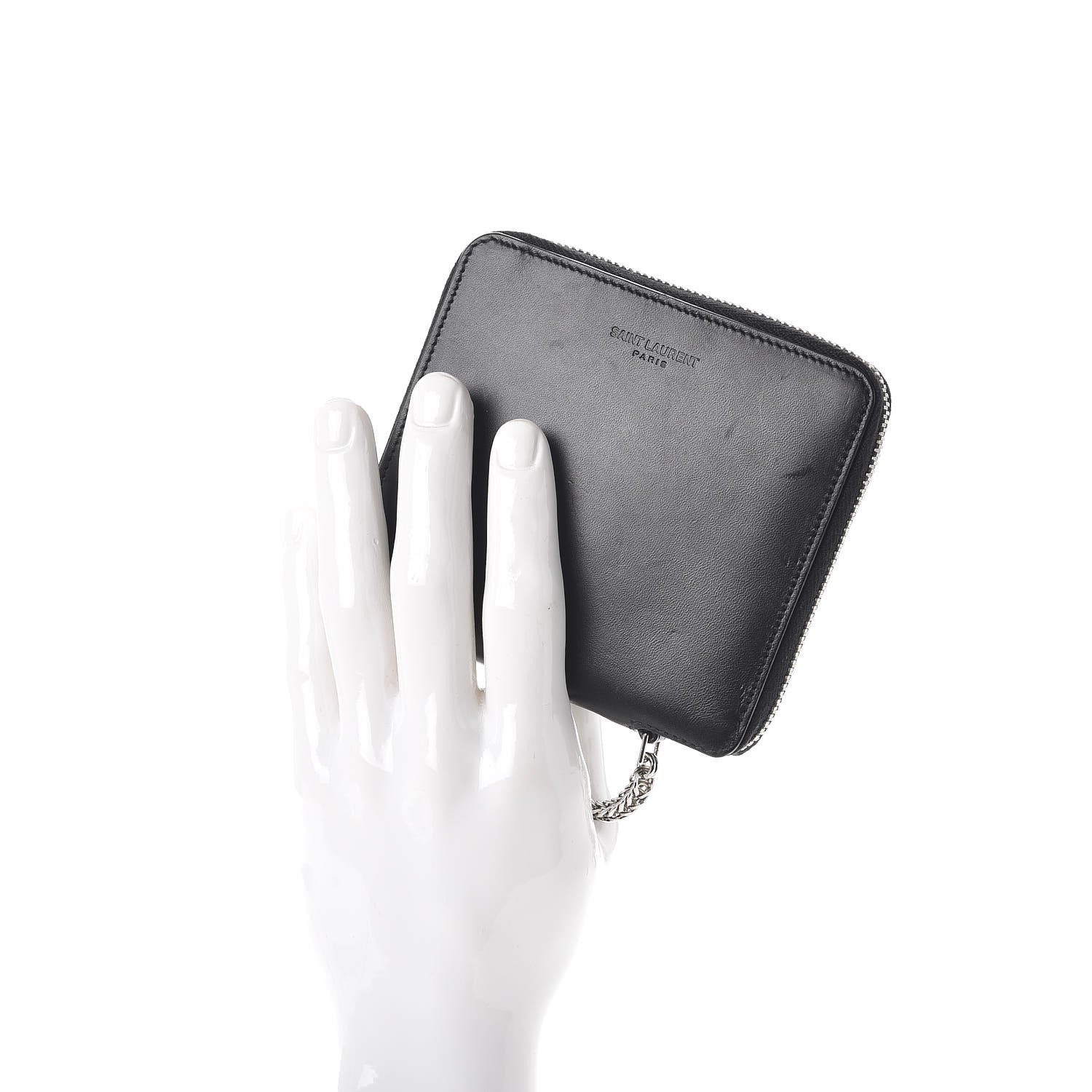 Saint Laurent Mens Calfskin Compact Chain Zip Around Wallet Black 2 of 13