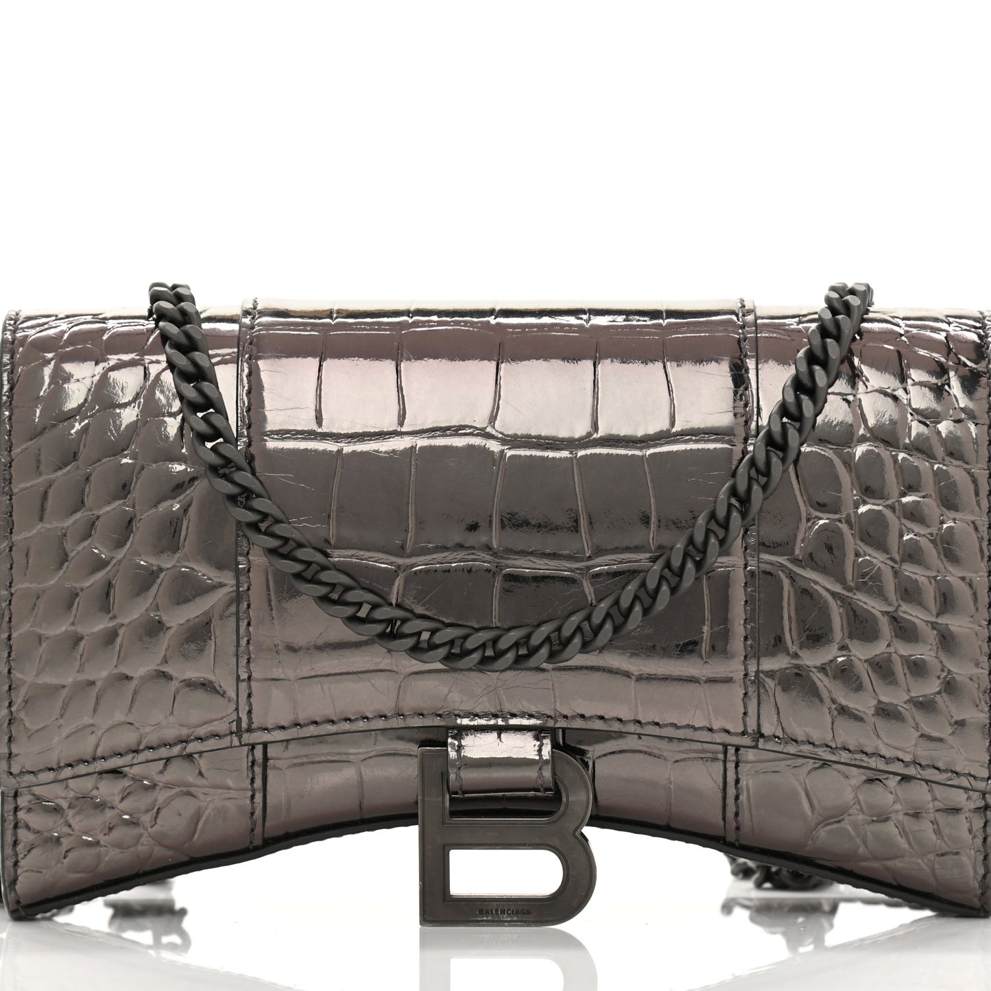 Shiny Calfskin Crocodile Embossed Hourglass Chain Bag Gunmetal