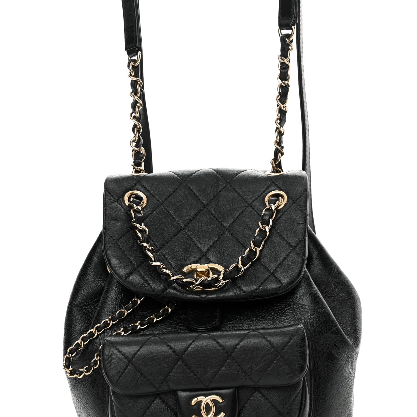 Glazed Aged Calfskin Quilted Small Duma Drawstring Backpack Black
