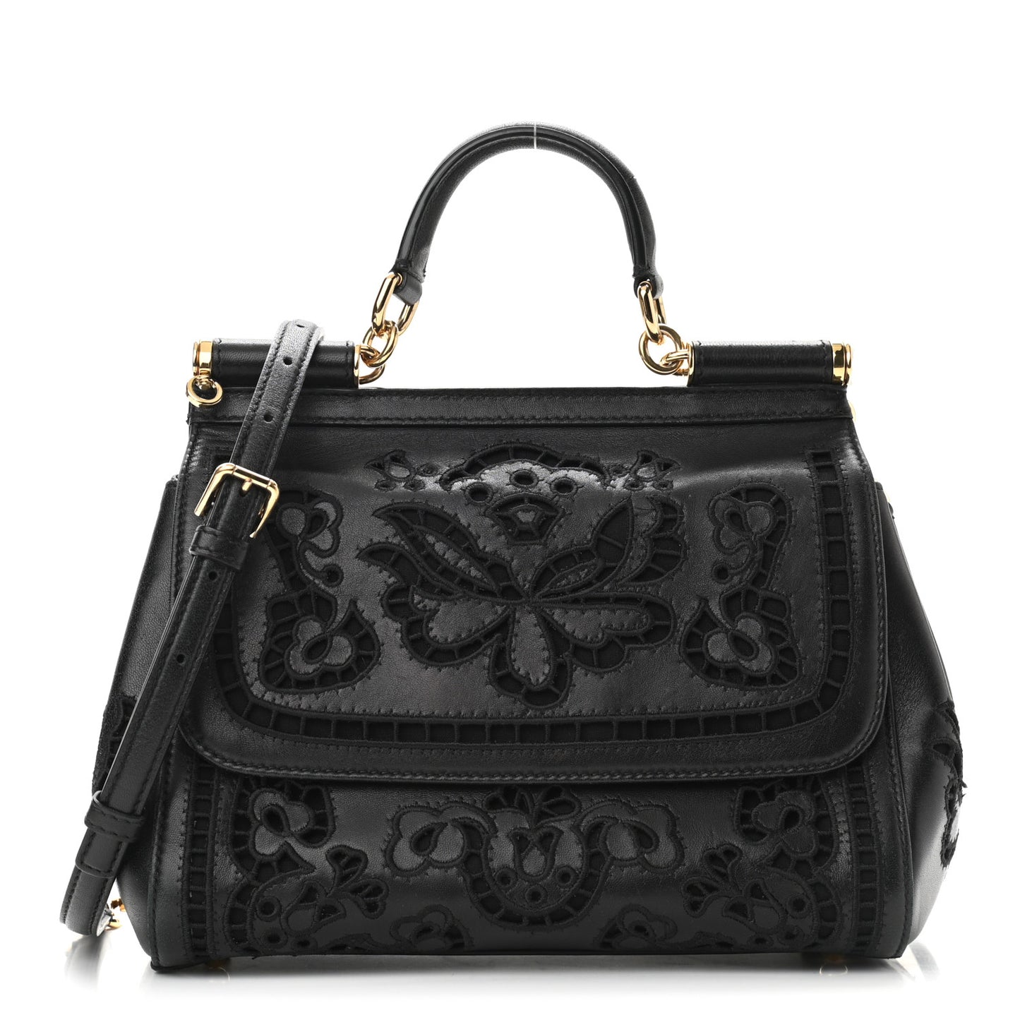 Lambskin Medium Embroidered Laser Cut Miss Sicily Satchel Black