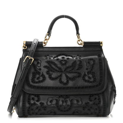 Dolce & Gabbana Lambskin Medium Embroidered Laser Cut Miss Sicily Satchel Black 1 of 11
