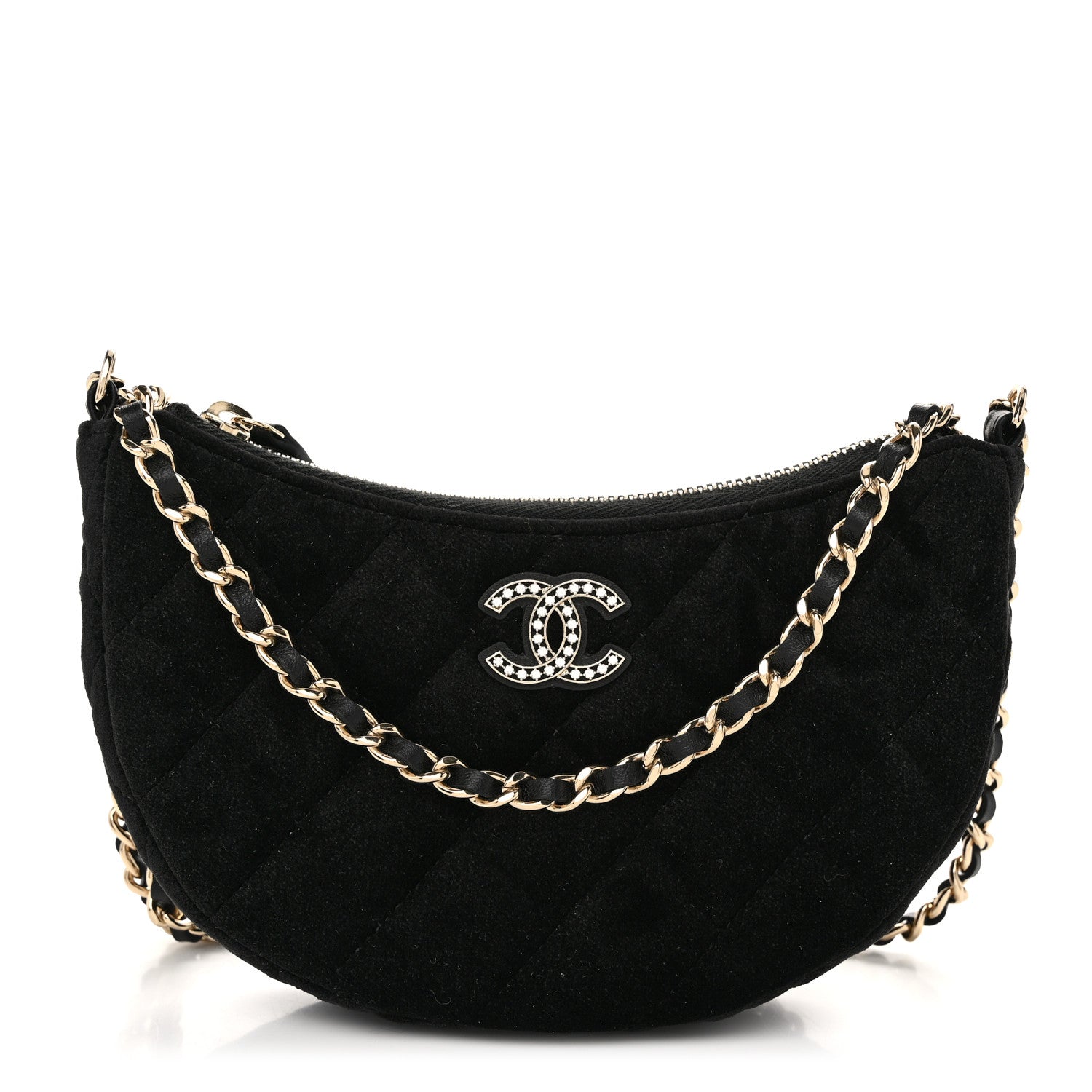 Chanel Velvet Crystal Quilted Chain Hobo Black 1 of 11