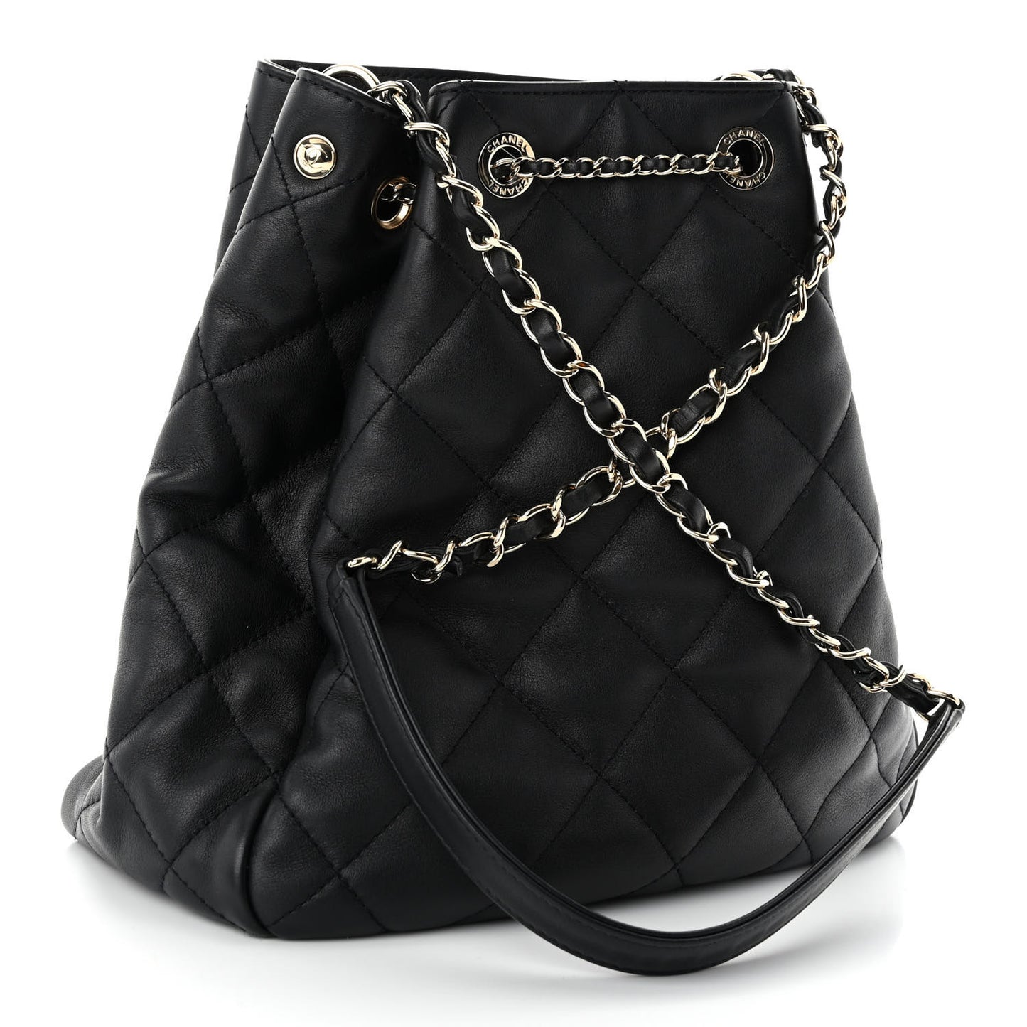 Lambskin Quilted Chain Drawstring Bag Black