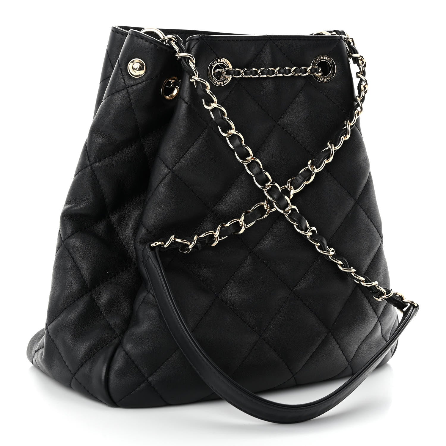 Chanel Lambskin Quilted Chain Drawstring Bag Black 3 of 9