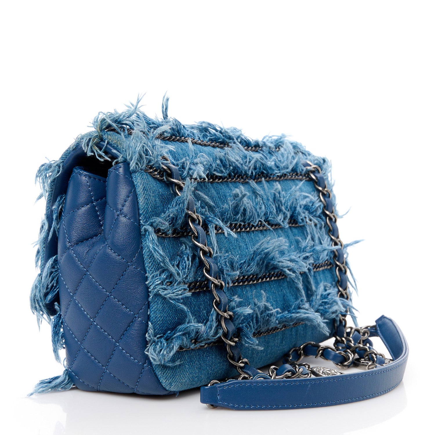 Chanel Calfskin Denim Paris Dubai Fringe Chains Small Flap Blue