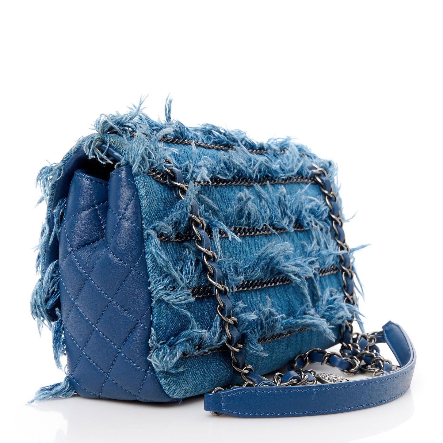 Calfskin Denim Paris Dubai Fringe Chains Small Flap Blue