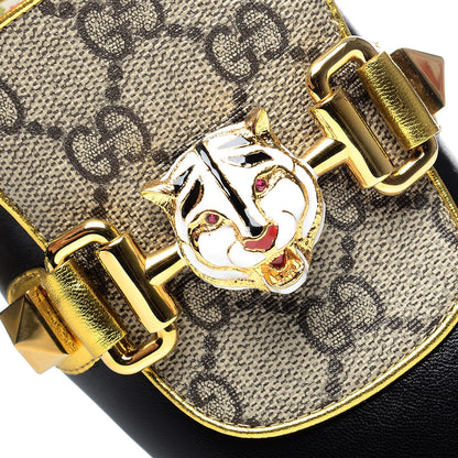 Gucci Malaga Kid Nappa GG Supreme Monogram Tiger Head Mid Heel Loafer Pumps 37 Black Oro Vecchio Beige 9 of 10