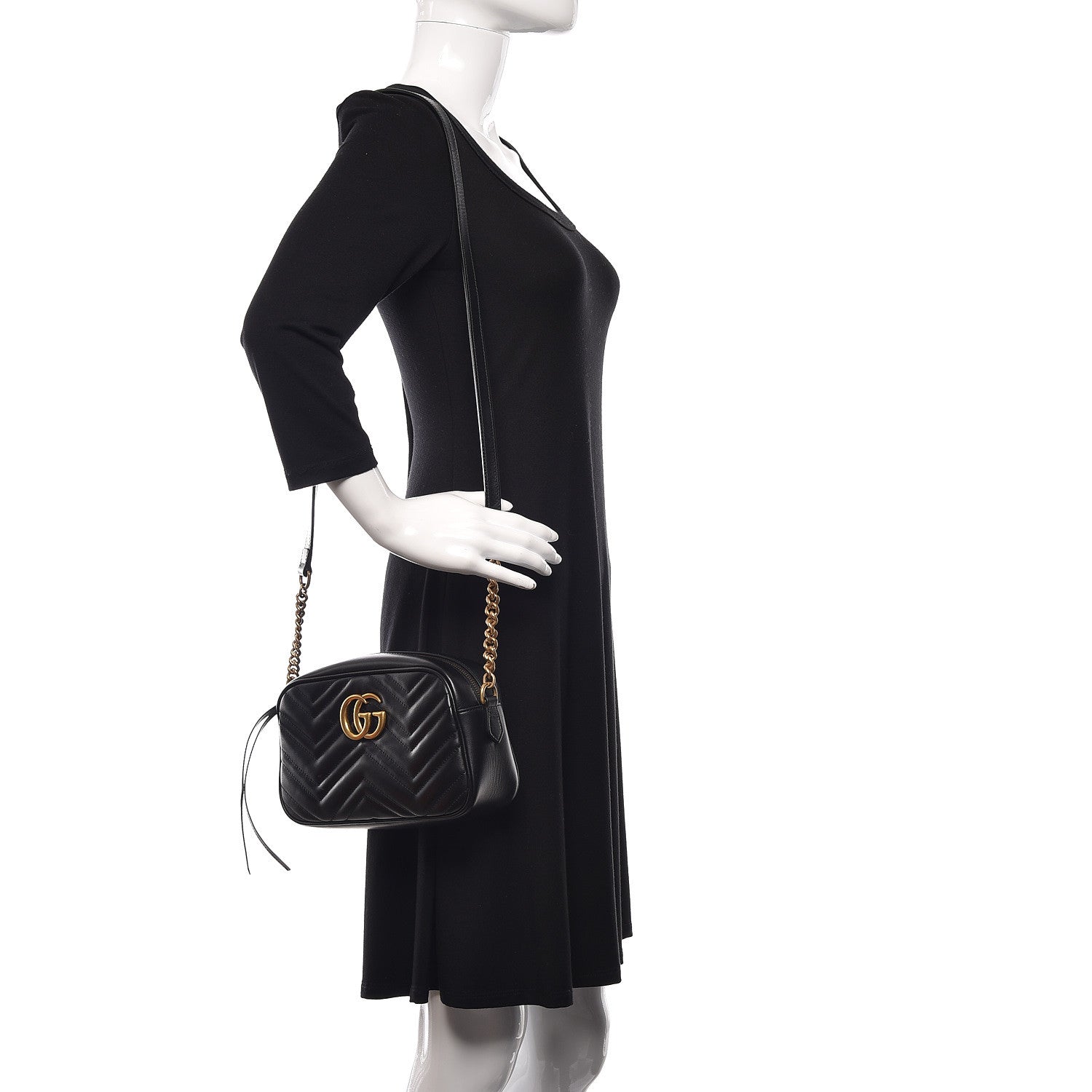 Gucci Calfskin Matelasse Small GG Marmont Chain Shoulder Bag Black 2 of 12