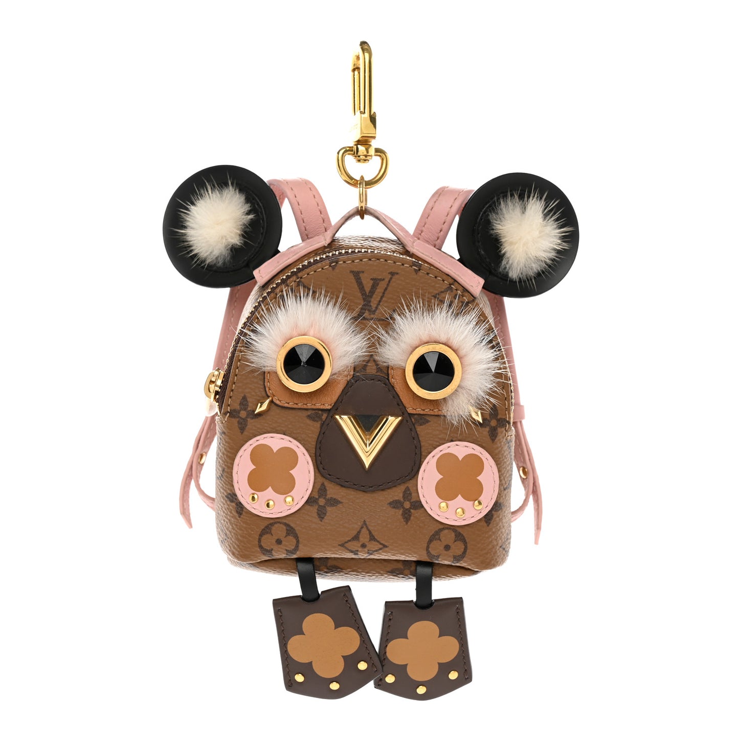 Monogram Calfskin Mink Fur Palm Springs Bear Bag Charm Key Holder Pink Brown