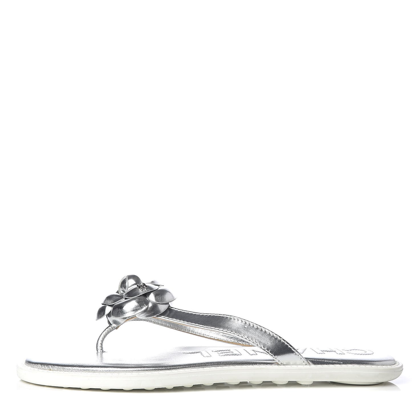 Iridescent Patent Calfskin Camellia Thong Sandals 41 Silver