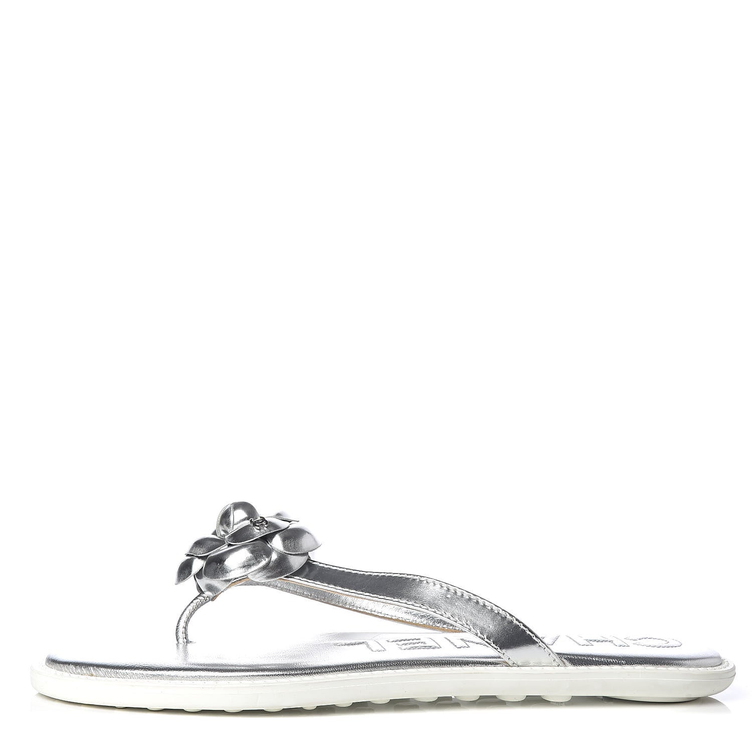 Chanel Iridescent Patent Calfskin Camellia Thong Sandals 41 Silver 1 of 8