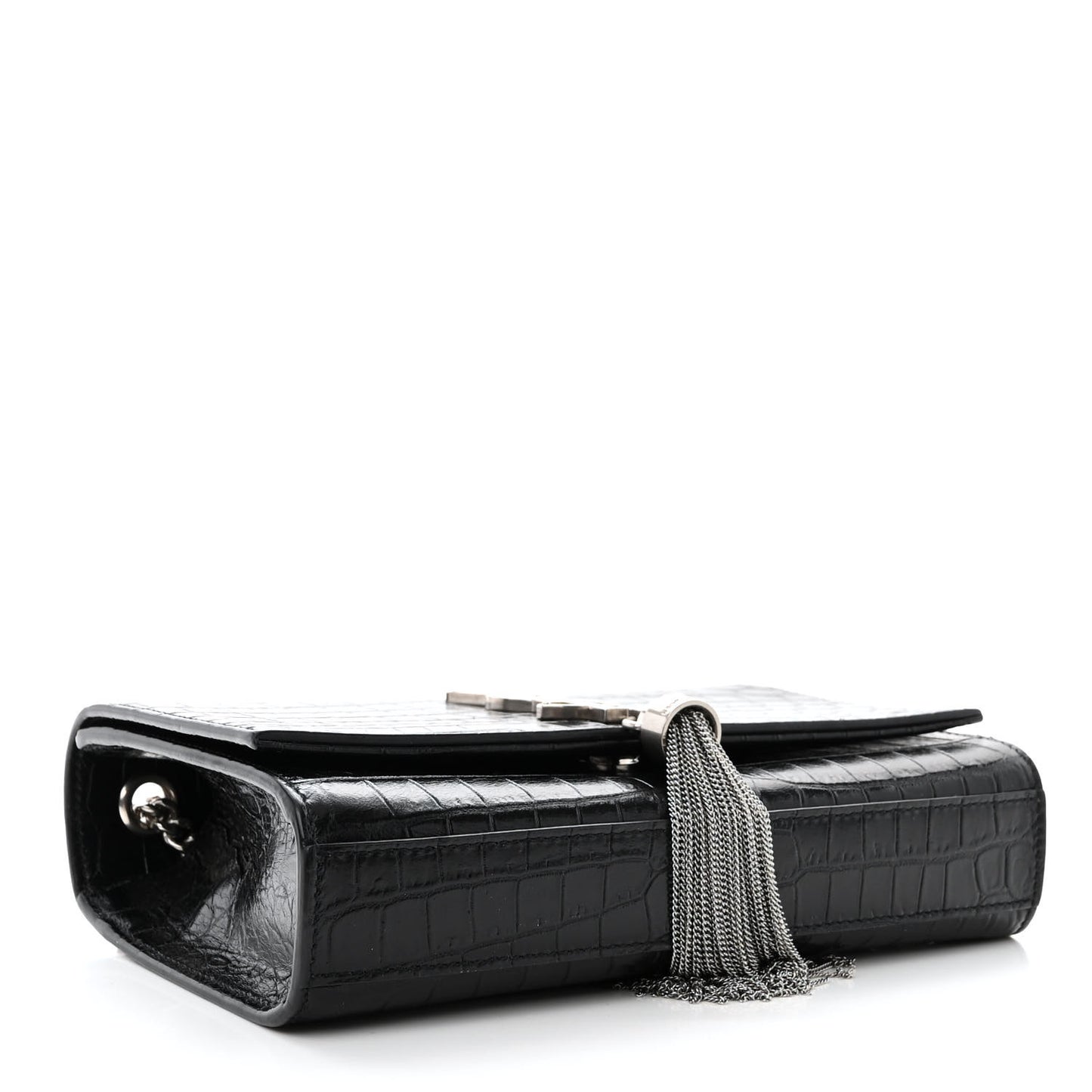 Calfskin Crocodile Embossed Small Classic Monogram Kate Tassel Satchel Black