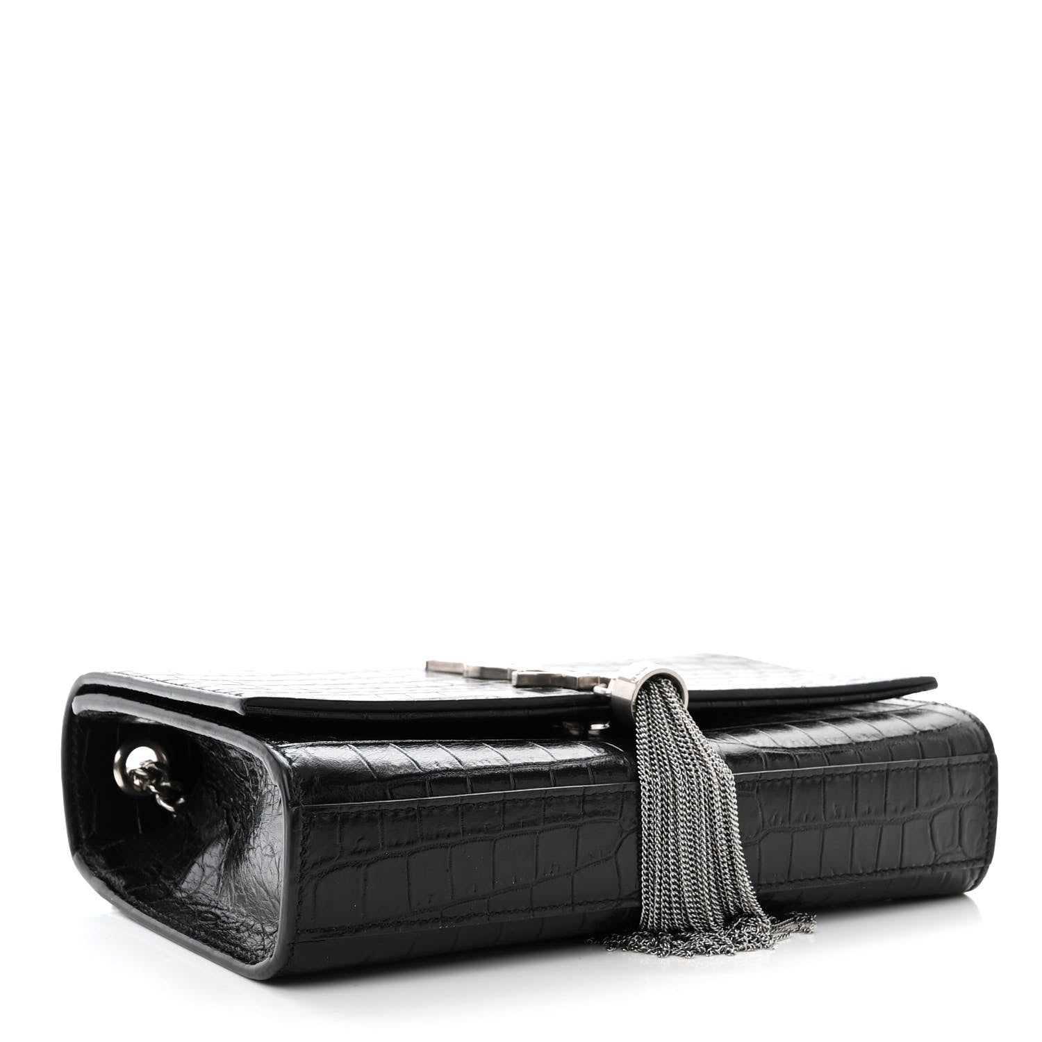Saint Laurent Calfskin Crocodile Embossed Small Classic Monogram Kate Tassel Satchel Black 4 of 10