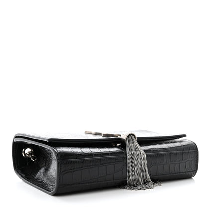 Saint Laurent Calfskin Crocodile Embossed Small Classic Monogram Kate Tassel Satchel Black 4 of 10
